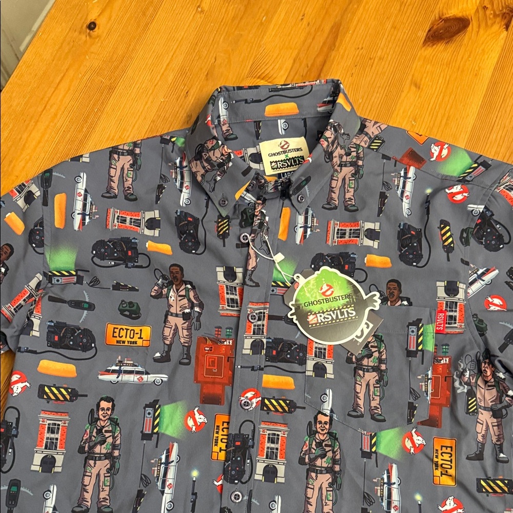 RSVLTS Ghostbusters Graphic Button Down Shirt - Gray Large